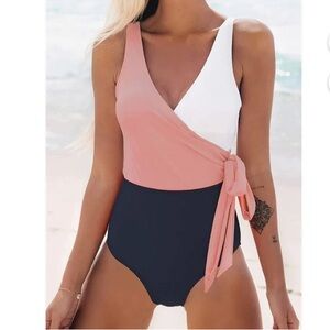 Cupshe Color Block One Piece Swim, V-Neck and V-Back, Wrap Tied Bowknot at Waist